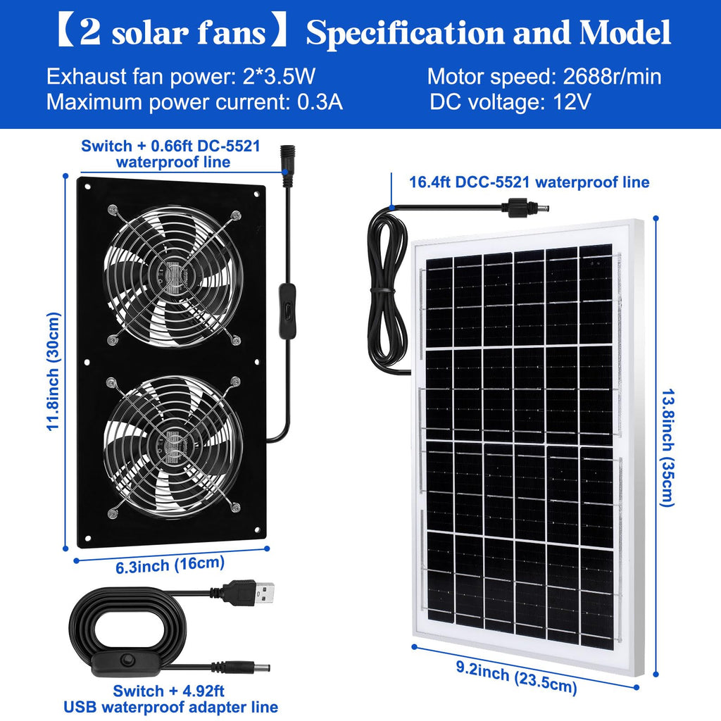 Solar Exhaust Fans & Powered Fan with 15W Panel & 2-Pack High-Speed Brushless DC Fans,Solar Ventilation Fan for Greenhouses, Chicken Coops, Attics, Barns, Sheds & Dog Houses