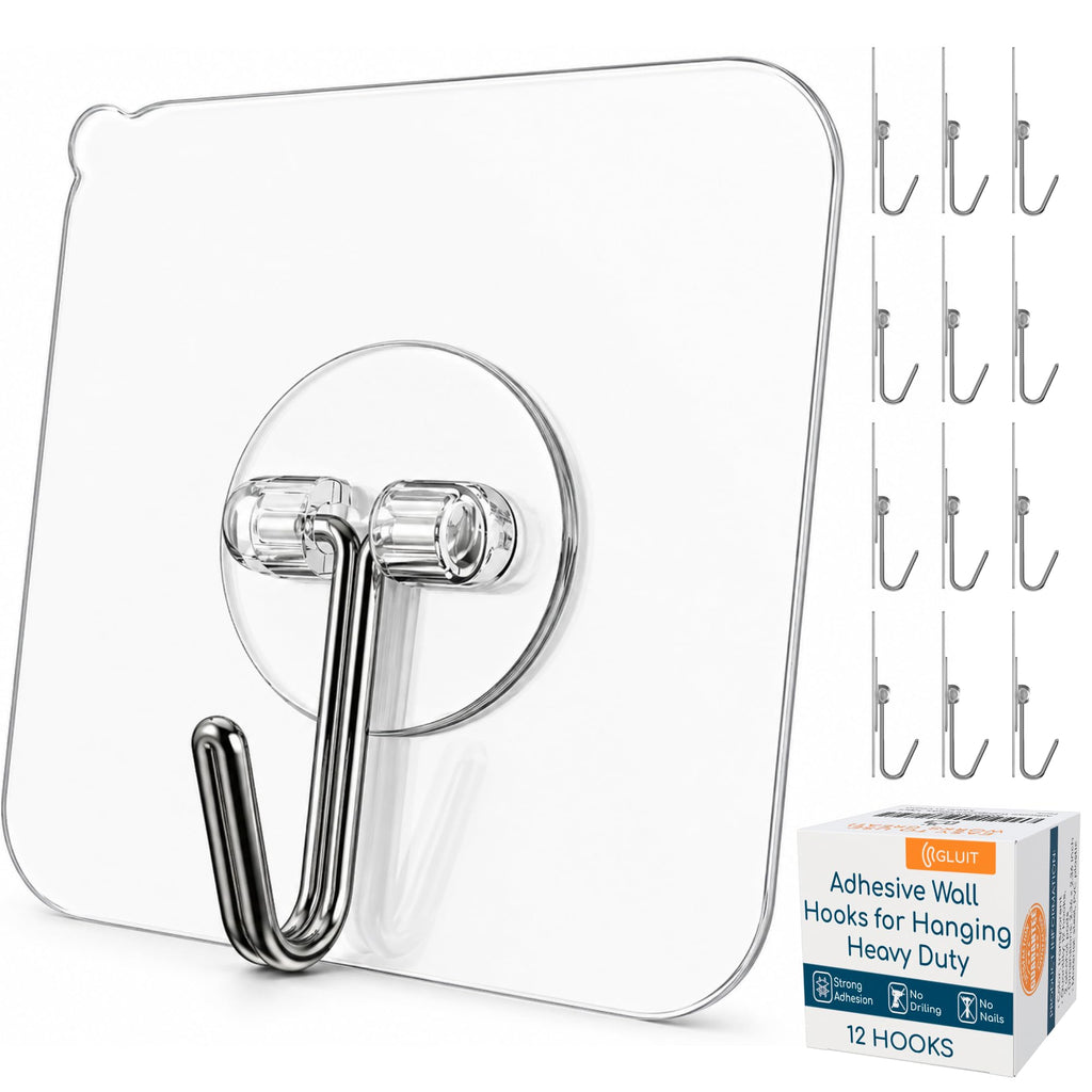GLUIT Adhesive Wall Hooks for Hanging Heavy Duty 22 lbs Hooks for Walls No Drill, Towel Sticky Clear Hook, Waterproof, Home, Bathroom, Kitchen, Office, and Outdoor 12 Pack