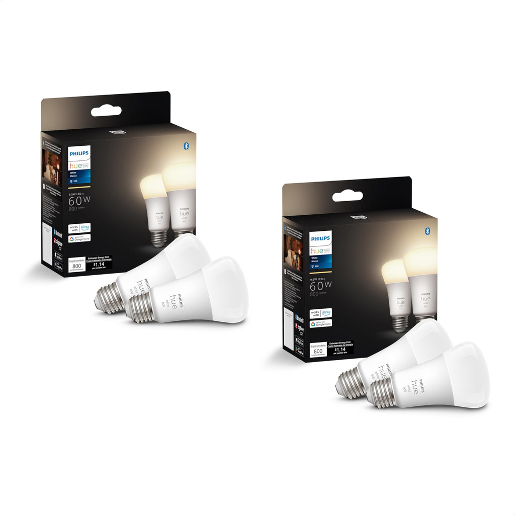 Philips Hue Smart 60W A19 LED Bulb - Soft Warm White Light - 4 Pack - 800LM - E26 - Indoor - Control with Hue App - Compatible with Alexa, Google Assistant and Apple Homekit