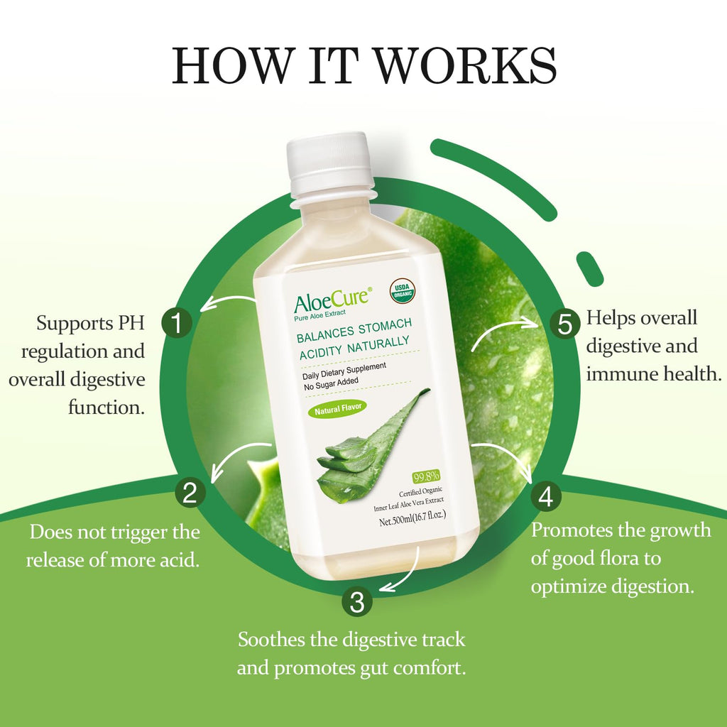 AloeCure USDA Organic Aloe Vera Juice Made Within 12 Hrs of Harvest - Pure Aloe Juice Natural Digestive Supplement to Support Digestion, Immune System and Balanced Stomach Acidity, 500ml Bottle