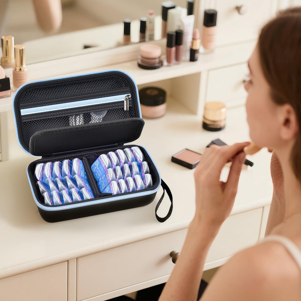 Daily Contact Lens Case Fits 30+ Disposable Daily Lenses, Portable Contact Lens Storage Organizer with Mesh Pocket, Travel Contact Solution for All Brand Cosmetic Lens & Accessories -Black (Case Only)