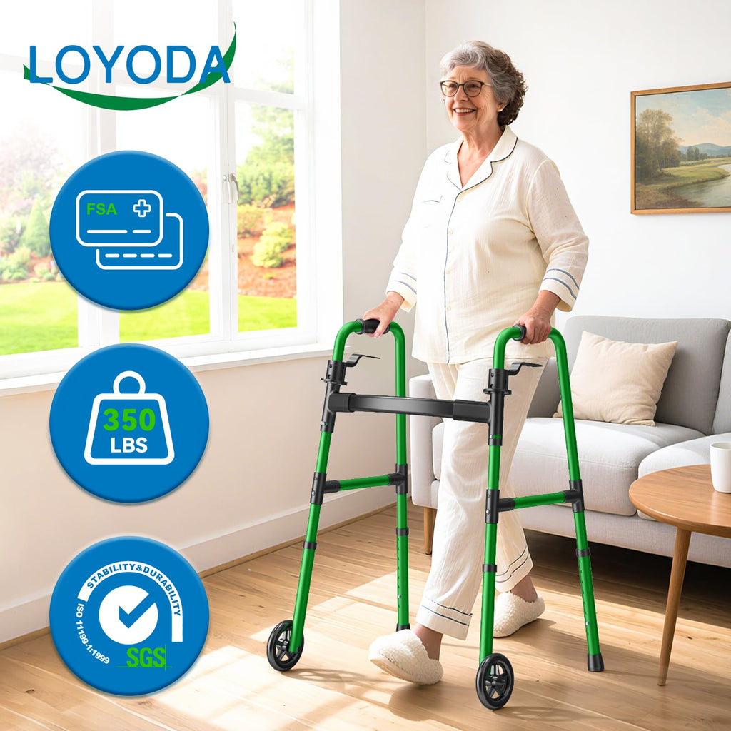 Loyoda Folding Walker with 2 Skis and 5" Wheels, Lightweight Walkers for Seniors and Adults, Supports Up to 350 Pounds, Adjustable Height, Compact Standard Walker, Green