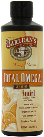 Barlean's Total Omega 3 6 9 Liquid Fish Oil Supplement with Borage and Flaxseed Oil, Orange Crème, 2,400 mg of EPA, DHA and GLA Fatty Acids, 16 oz