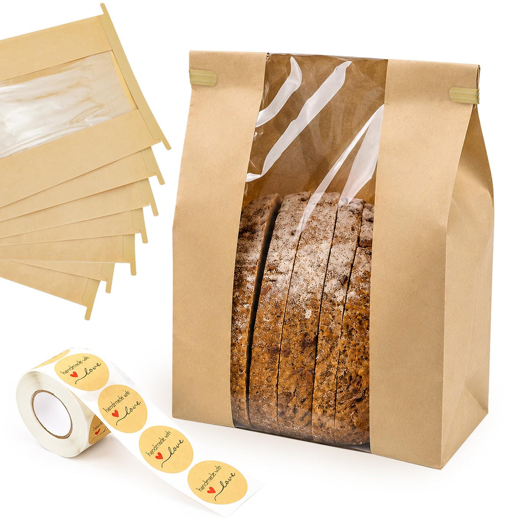 200 Pack Large Paper Sourdough Bread Bags with Tin Tie Tabs & 500 Stickers