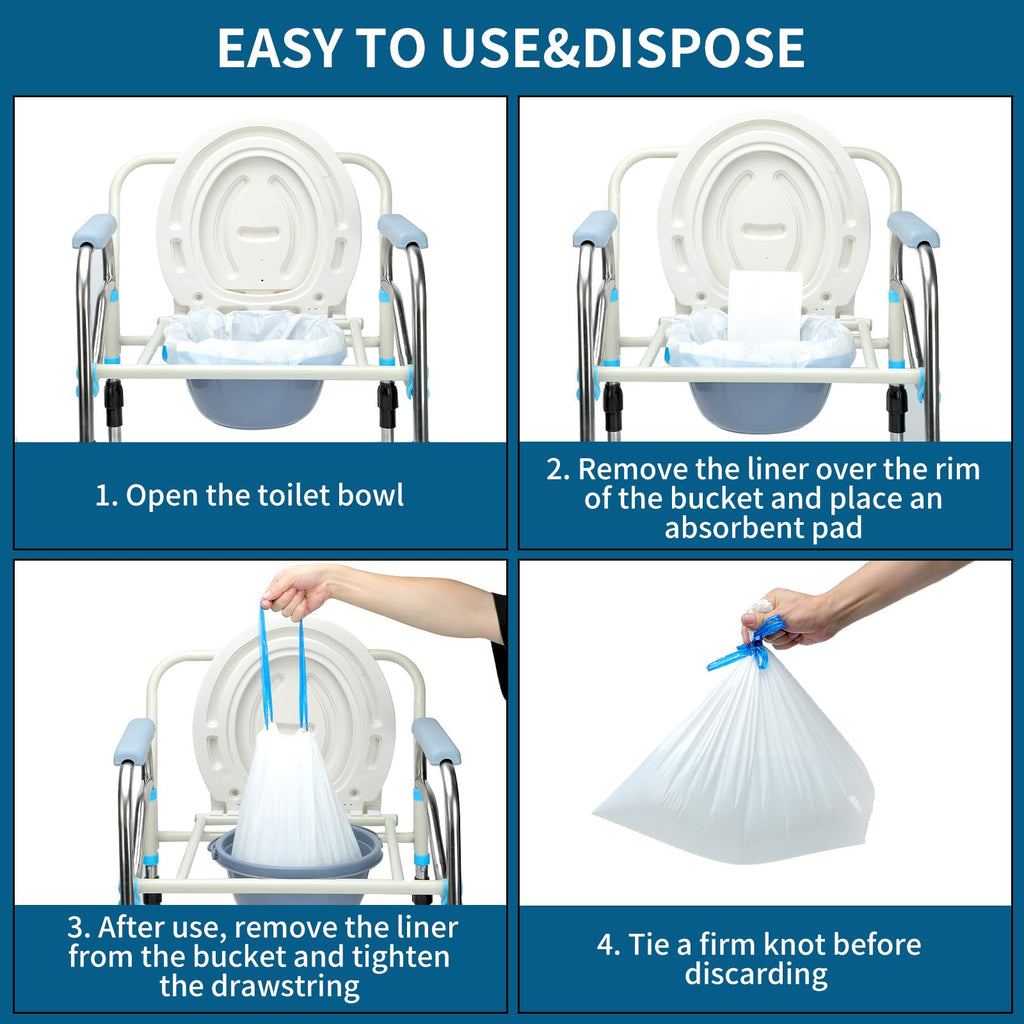 Commode Liners with Absorbent Pads | 100Bags+100Pads for Bedside Toilet Chair Bucket | Universal Fit | Bedside Commode Liners and Pads(100Bags + 100Pads)