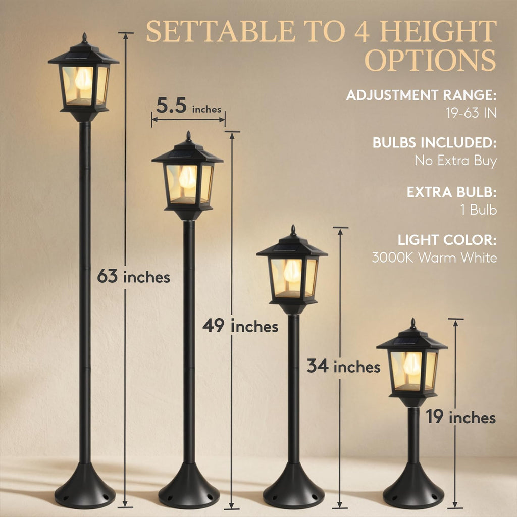 PASAMIC Solar Post Lights Outdoor, 2-Pack 63" Solar Lamp Posts Waterproof with 1 Replaceable Bulb, Warm White Dusk to Dawn Pole Lights for Garden, Patio, Pathway