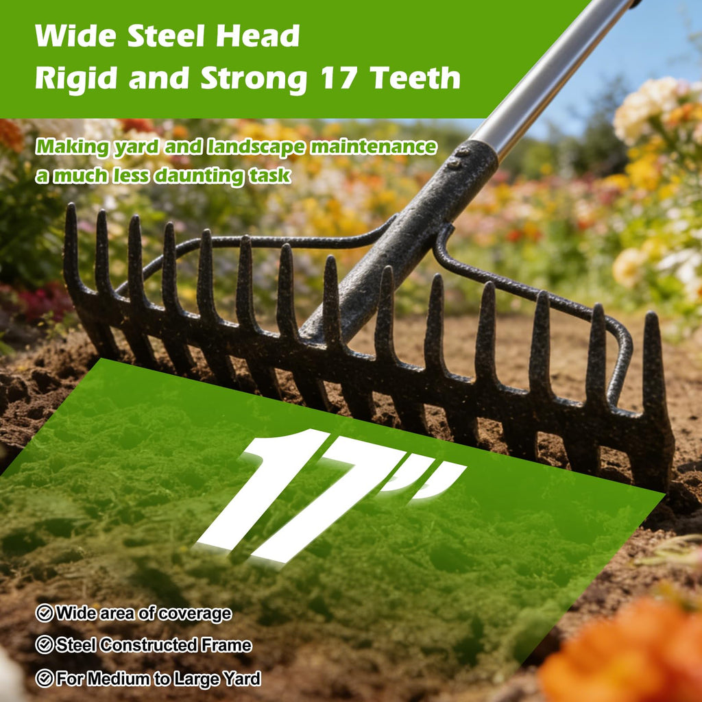 4FT Bow Rake,Heavy Duty Metal Garden Rake for Moving Gravel Loosening Soil Leveling Ground Gathering Leaf Debris Spreading Mulch, 17 Tines,Adjustable Handle, for Lawn Garden Farm Landscape Work