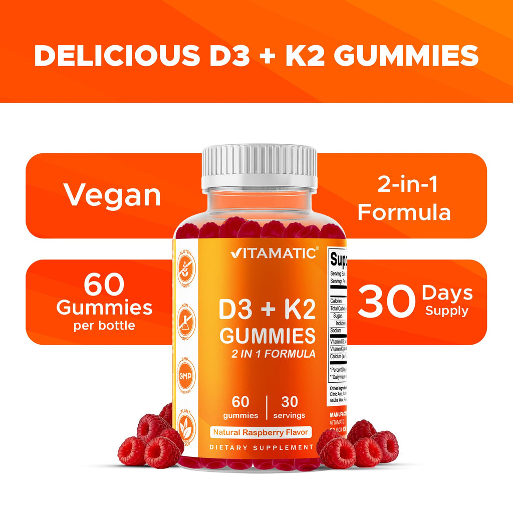Vitamatic Vitamin D3 & K2 Gummies (2-Pack, 60 Count) Supports Healthy Bones, Heart Health, Calcium Absorption, and Immune Function Plant-Based, Non-GMO, Gluten-Free