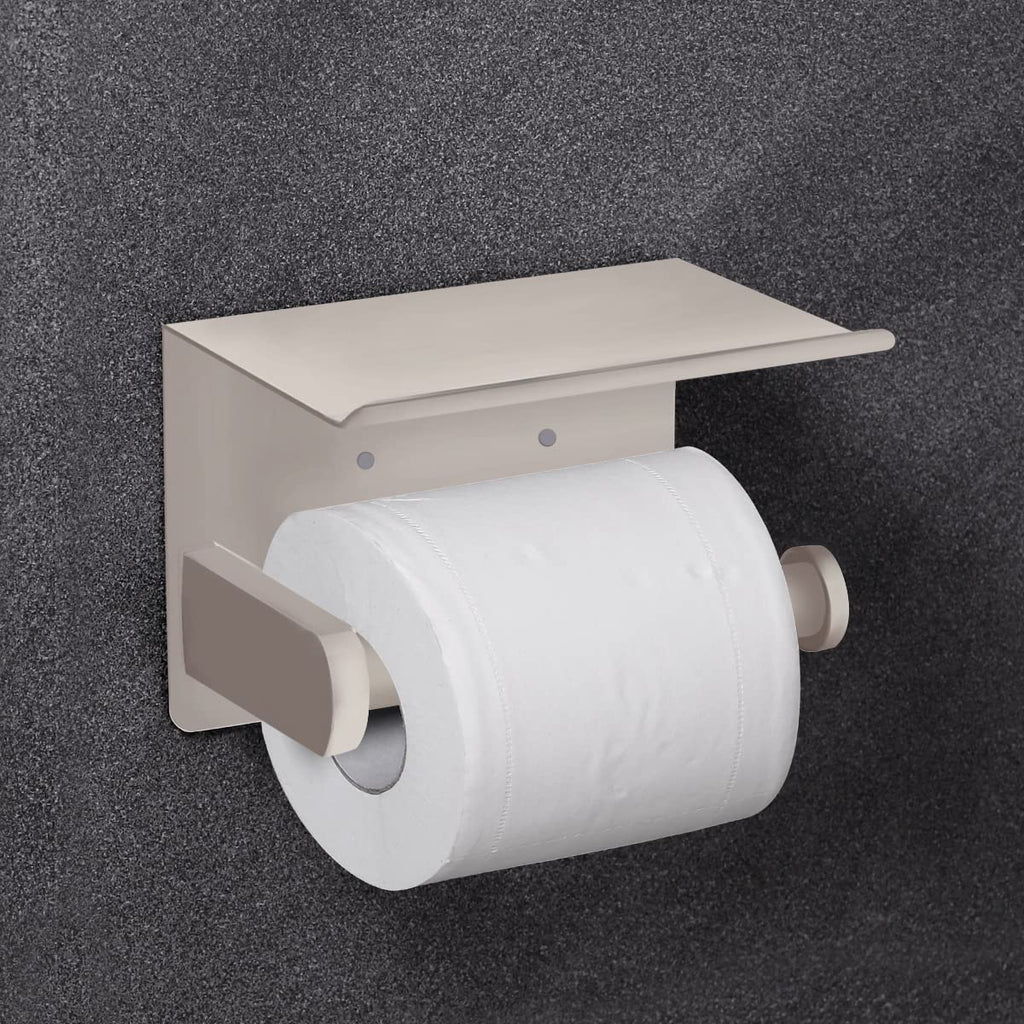 VAEHOLD Self Adhesive Toilet Paper Holder with Phone Shelf SUS 304 Stainless Steel Wall Mounted Toilet Paper Roll Holder - Rustproof and Bathroom Washroom Tissue Roll Holder with Shelf -Beige