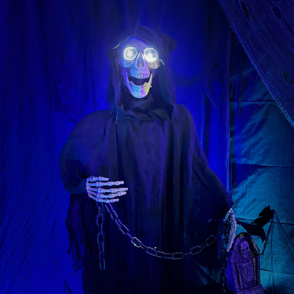 Haunted Hill Farm Life-Size Scary Grim Reaper with Chain, Halloween Animatronic with Touch Activated Lights and Sounds, Battery Operated Indoor or Covered Outdoor Halloween Decorations, Halloween Prop