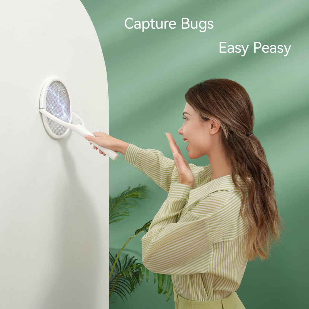 Rotating Head Rechargeable Electric Fly Swatter Racket Bug Zapper Racket Mosquito Zapper Indoor Bug Zapper Fruit Fly Zapper Spider Killer Gnat Trap Wasp Catcher, with a Telescopic Extension Wand
