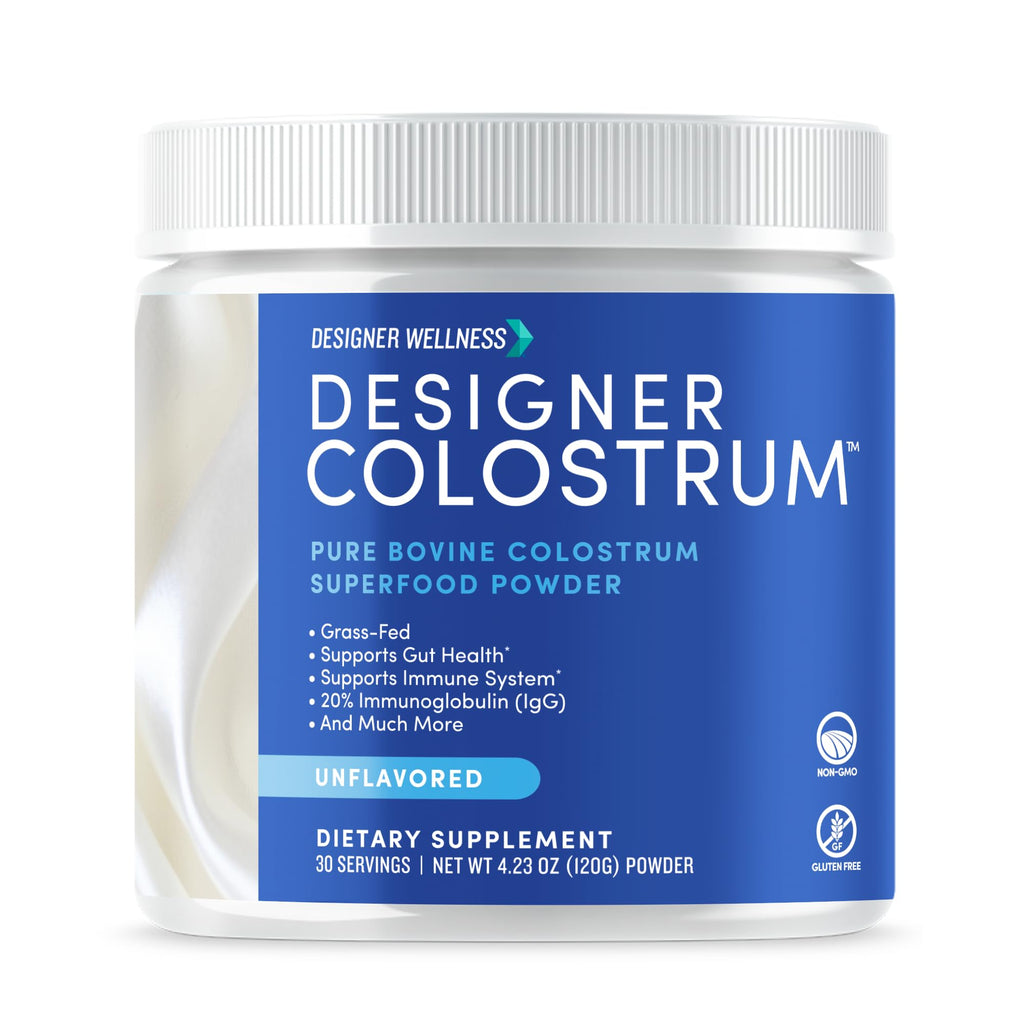 Designer Wellness, Pure Bovine Colostrum Superfood Powder, Gut Health & Bloating, Immune Support, Skin & Hair, Gluten & Fat-Free, Unflavored, 30 Servings