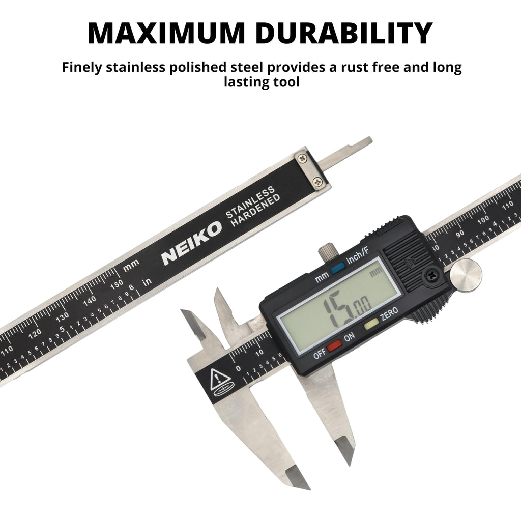 NEIKO 01407A Electronic Digital Caliper Measuring Tool, 0-6 Inches Stainless Steel Construction with Large LCD Screen Quick Change Button for Inch Fraction Millimeter Conversions, Digital Caliper