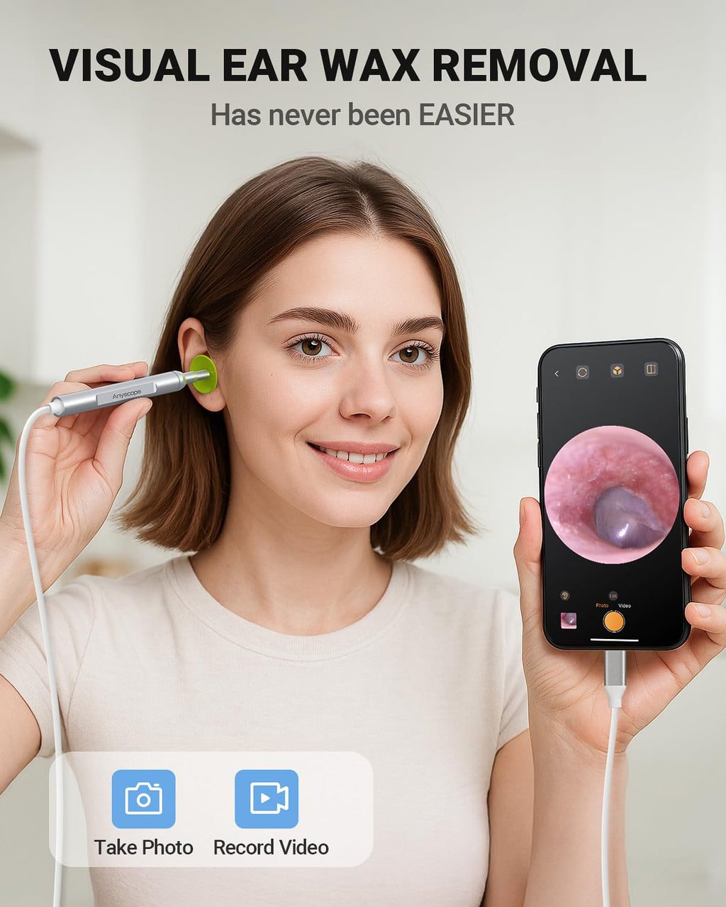 AnyScope Digital Otoscope Compatible with iPhone and Android Devices, HD Ear Camera with Ear Wax Removal Tools, Video Ear Scope Otoscope with Light, Capture Photos and Videos (Silver)