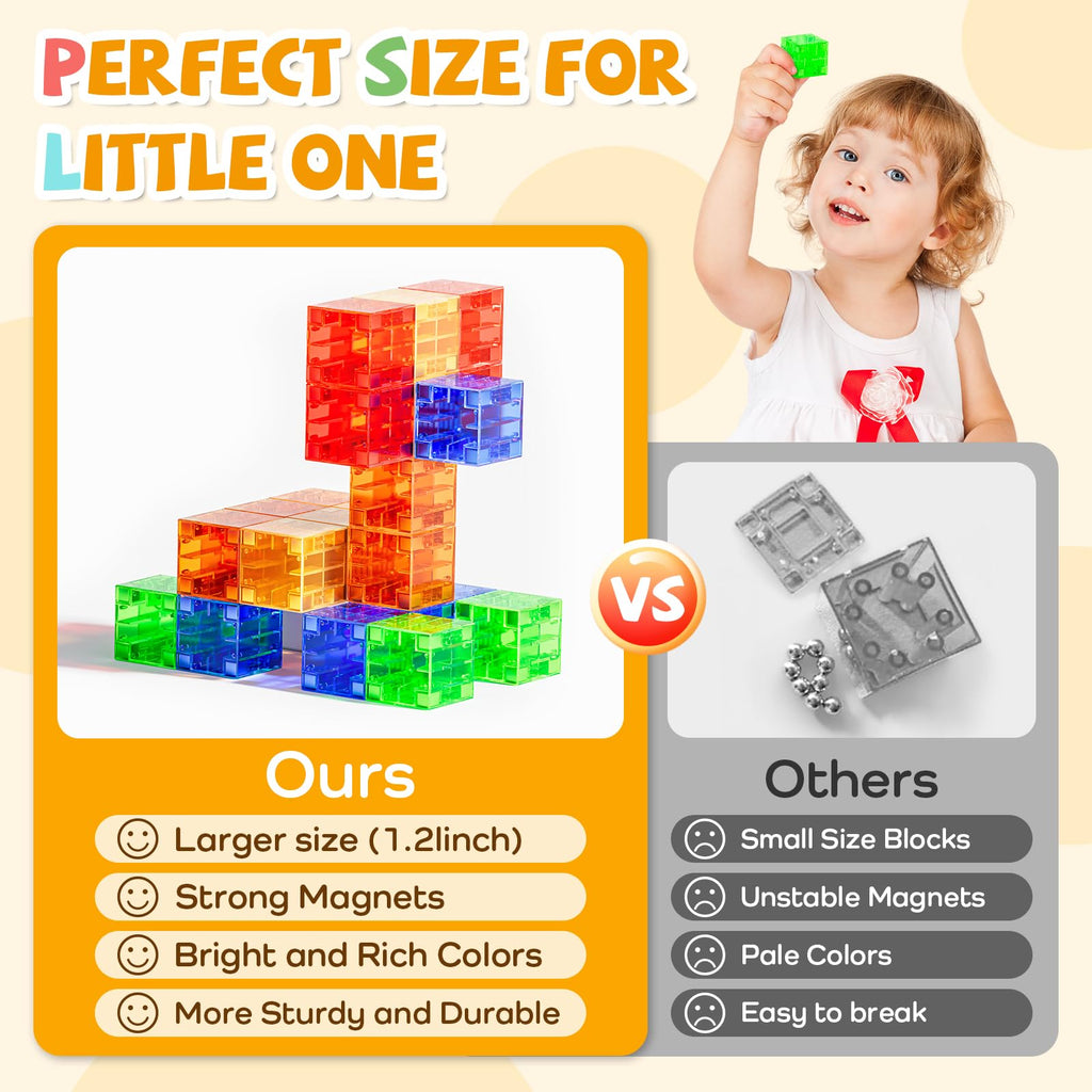 56PCS Magnetic Blocks, Transparent Magnetic Cubes, Magnet Building Blocks for Toddlers 3+, Montessori Toys, Preschool STEM Educational Sensory Magnet Toys for Kids Ages 3-5 Year Old Boys and Girls
