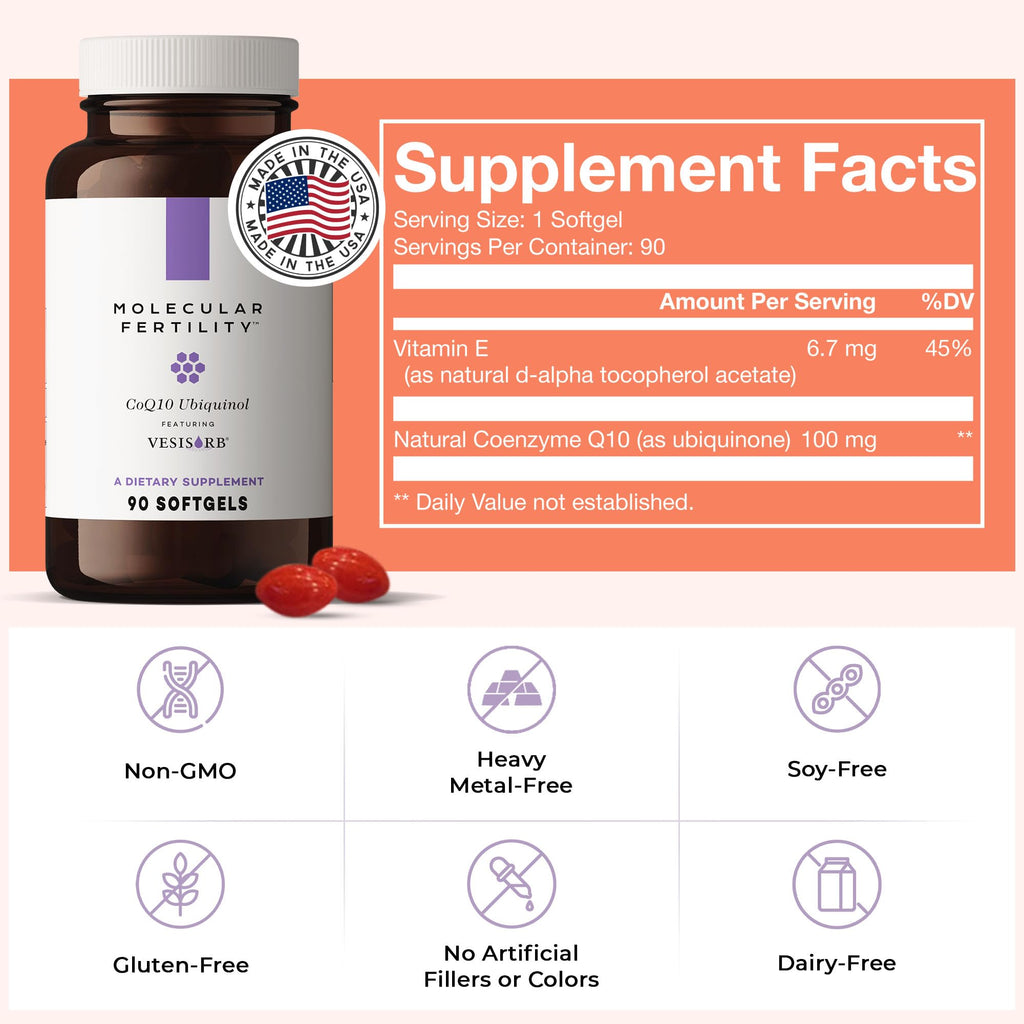 Molecular Fertility CoQ10 Ubiquinol with VESIsorb - Coenzyme Q10 Kaneka QH Ubiquinol Form 100mg Supplement for Women & Men - High Absorption, Reproductive Wellness & Fertility Support - 90 Softgels