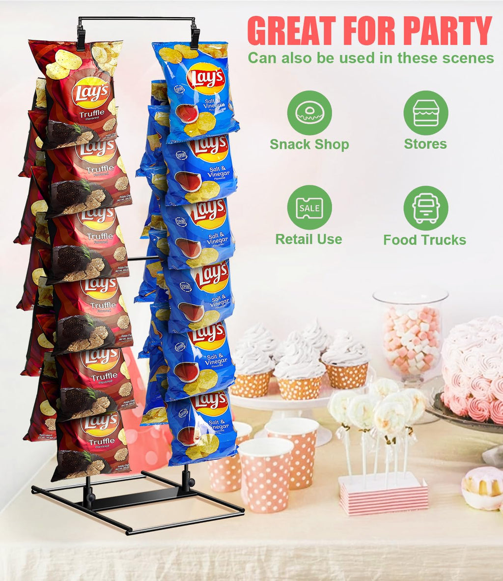 ROSROSE Chip Rack Display Stand 2 Pack, Potato Chip Display Rack with 24 Clips, 2 Row Chip Bag Holder for for Party Display, Snack Retail Display Rack Chip Stand Display for Countertop Store, Black
