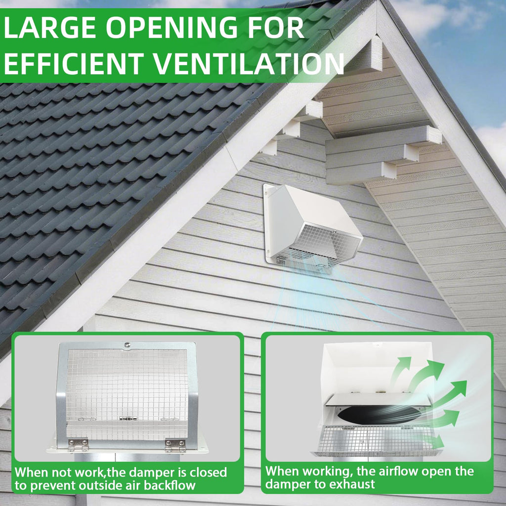 8 Inch Hooded Wall Vent with Screen and Damper,Outdoor Wall Exhaust Vent Cover Wall Cap for Exterior Kitchen Range Hood Ventilation Dryer HVAC Duct Air Exhaust, Galvanized Steel, White