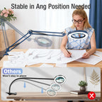 10X Magnifying Glass with Light and Clamp, Real Glass Stand Lighted Magnifier, 2*16 Arm 5 Color Modes Stepless Dimmable LED Desk Lamp Hands Free for Craft Hobby Reading Painting Close Work Large Blue