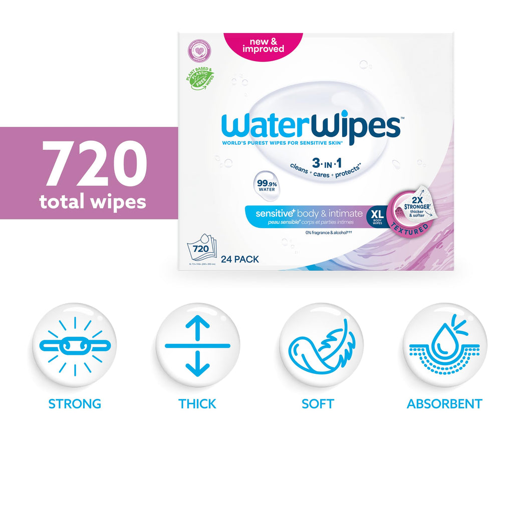 WaterWipes Adult Care Sensitive Body & Intimate Hygiene Wipes, 720 Wipes (24 Packs), Extra Large Textured, 99.9% Water-Based, For Everyday Personal Uses