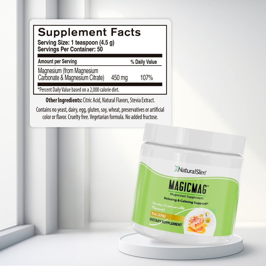 NaturalSlim MagicMag Magnesium Citrate Powder Drink for Relaxation, Stress, Constipation, Better Rest & Digestive Health, Magnesium Supplement for Women and Men, Honey Chamomile 8oz