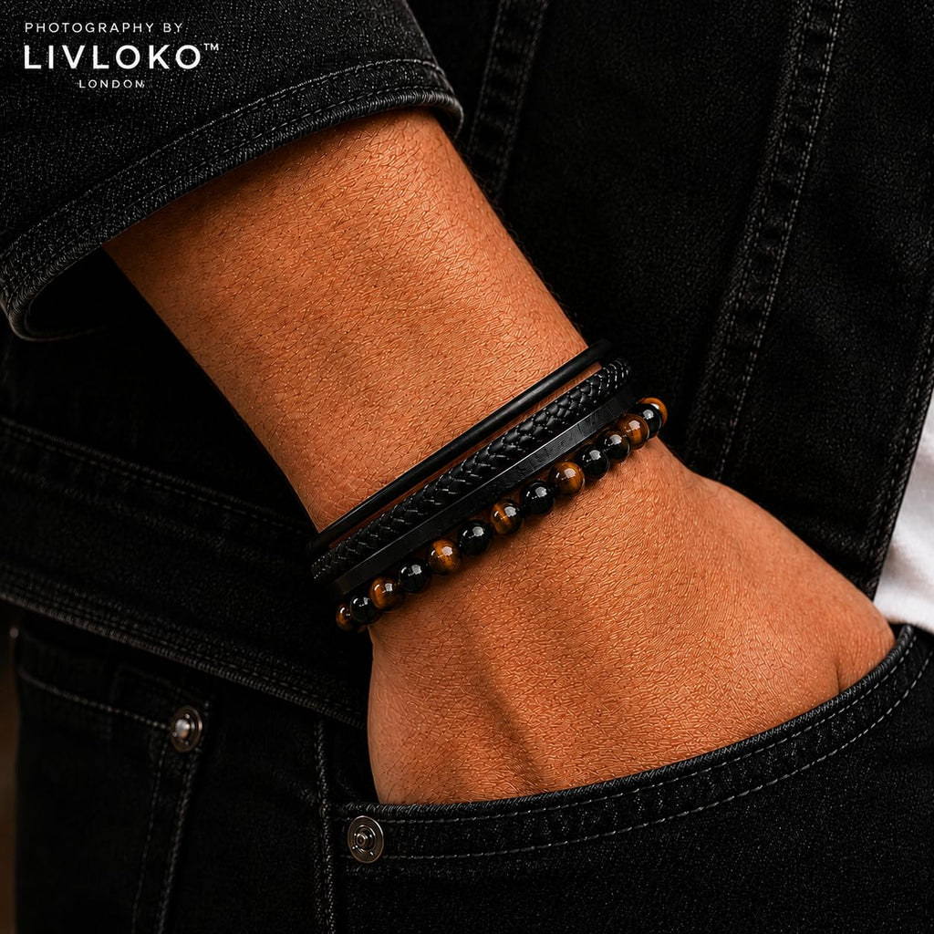 LIVLOKO LONDON Mens Bracelet Leather Black Multi-Layer Tiger Eye Stone Beads Magnetic Adjutable Steel Clasp Viking Rope Bands Surfer Man Wristband Male UK Jewellery Gift box Husband Boyfriend Dad Son