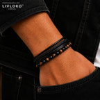 LIVLOKO LONDON Mens Bracelet Leather Black Multi-Layer Tiger Eye Stone Beads Magnetic Adjutable Steel Clasp Viking Rope Bands Surfer Man Wristband Male UK Jewellery Gift box Husband Boyfriend Dad Son