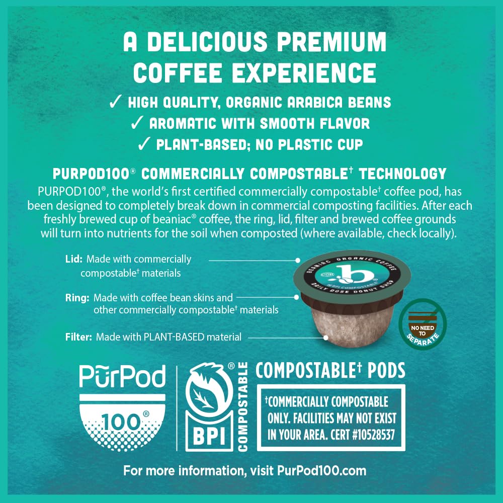 beaniac Organic Daily Dose Donut Shop, Light Roast, Single Serve Compostable K Cup Coffee Pods, Organic Arabica Coffee, Keurig Brewer Compatible, 30 Count
