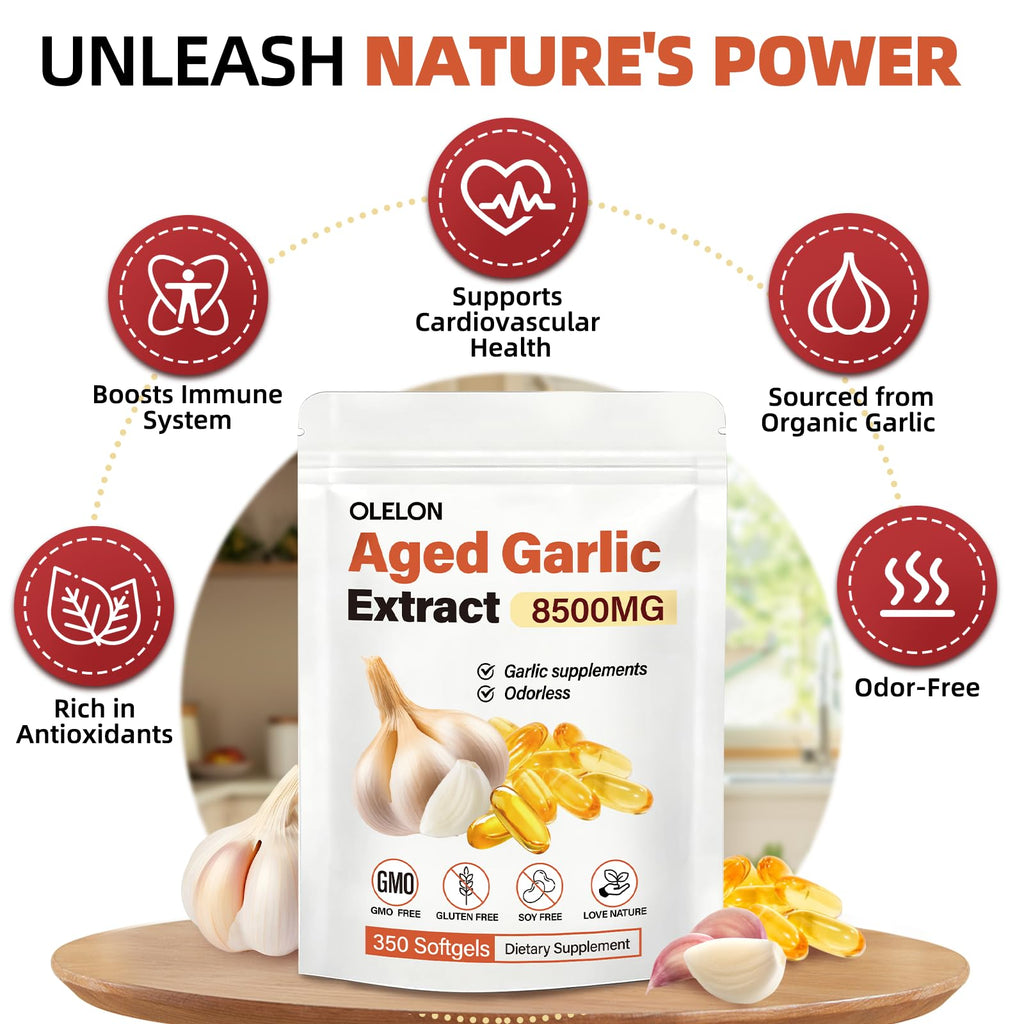 OLELON Aged Garlic Extract 350 Softgels - 8500mg High Potency, Odorless, Non-GMO & Organic Garlic Supplement for Heart Health, Immune Support & Antioxidant Benefits