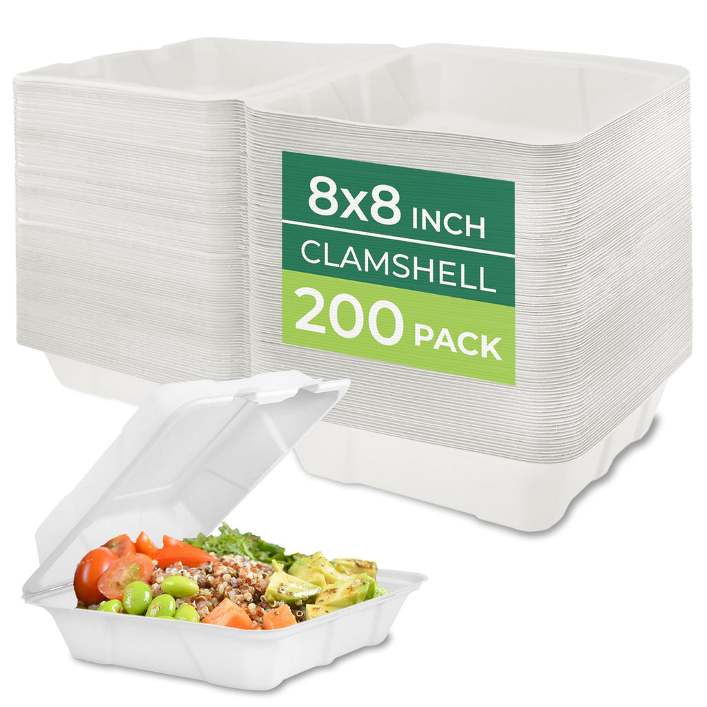 Freshware Clamshell Food Containers with Lids [8x8 200-Pack] Disposable To Go Containers, Biodegradable Sugarcane To Go Boxes - Paper Container - Microwave & Freezer Safe, Stackable