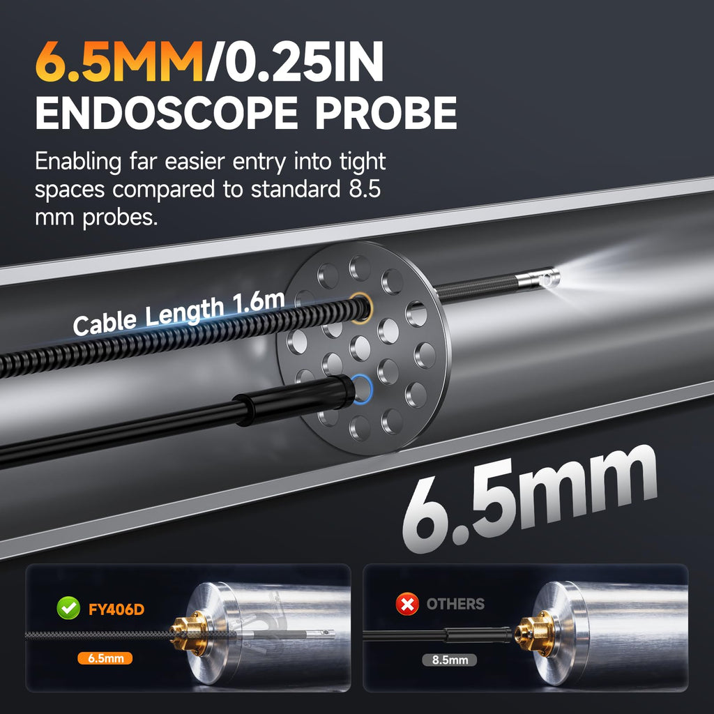 FOXWELL Dual Lens Articulating Borescope, 0.25in Slim 220° Two-Way Endoscope Camera with LED Light, IPS HD Screen, IP67 Waterproof Snake Camera for Automotive, Pipe, Wall & Engine Inspection – 5.3FT
