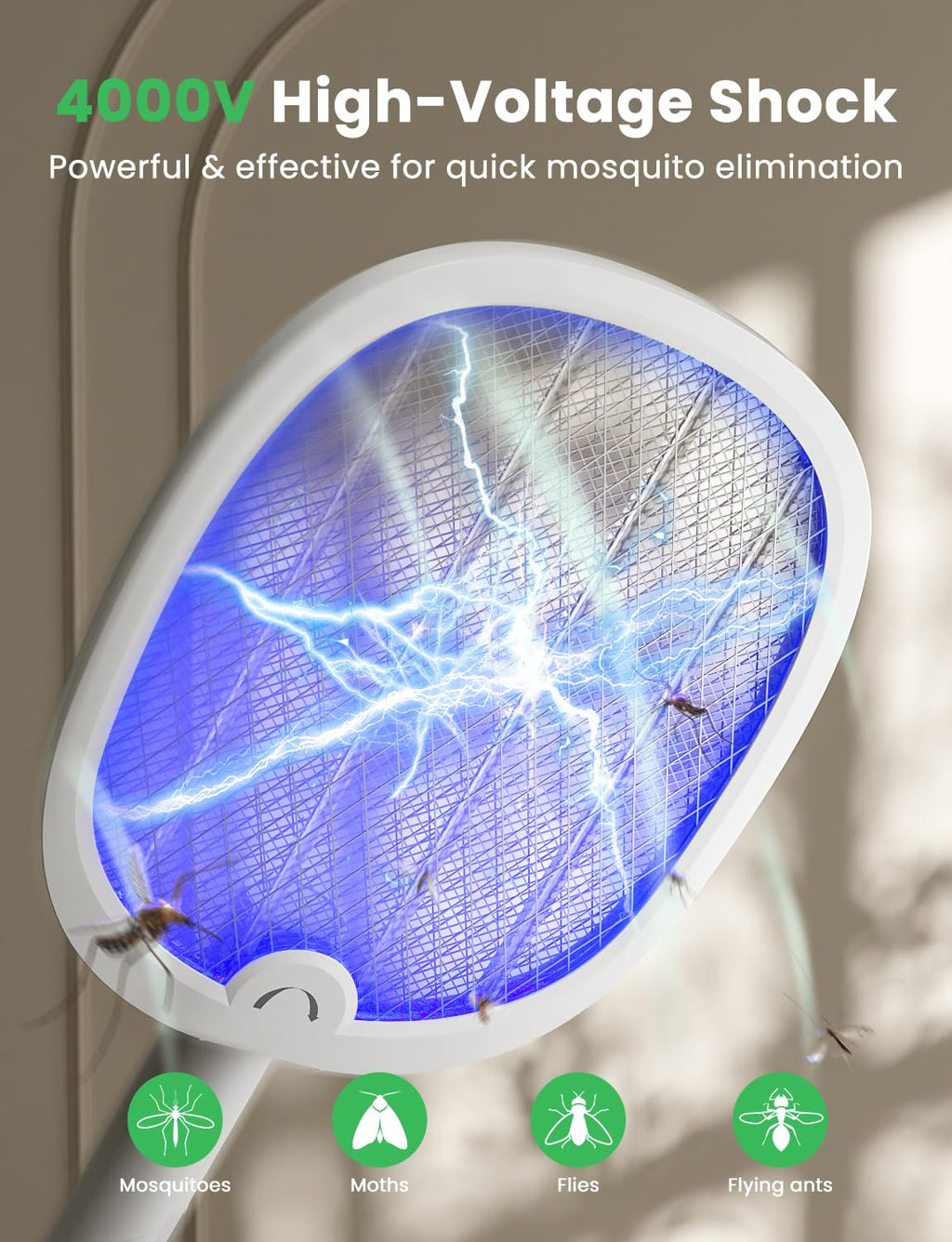 YISSVIC Electric Fly Swatter Foldable Bug Zapper Racket 2 in 1 Mosquito Killer with Purple Attractant Light Rechargeable 1800mAh for Indoor Home Backyard Patio Camping (1, White)