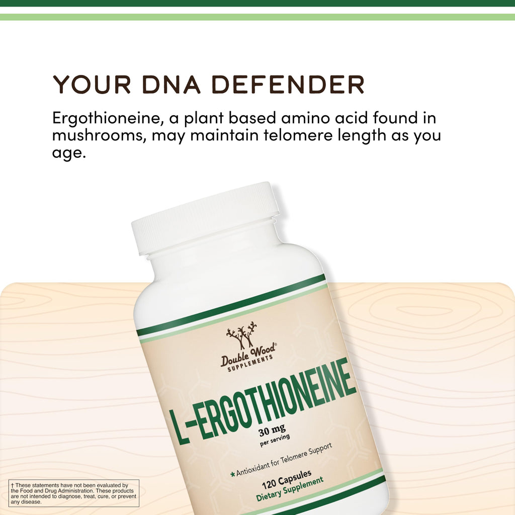 Ergothioneine Supplement (EGT) 30mg of Pure, Plant-Based L-Ergothioneine Per Capsule, 120 Count Non-GMO, Gluten Free, Vegan Safe by Double Wood