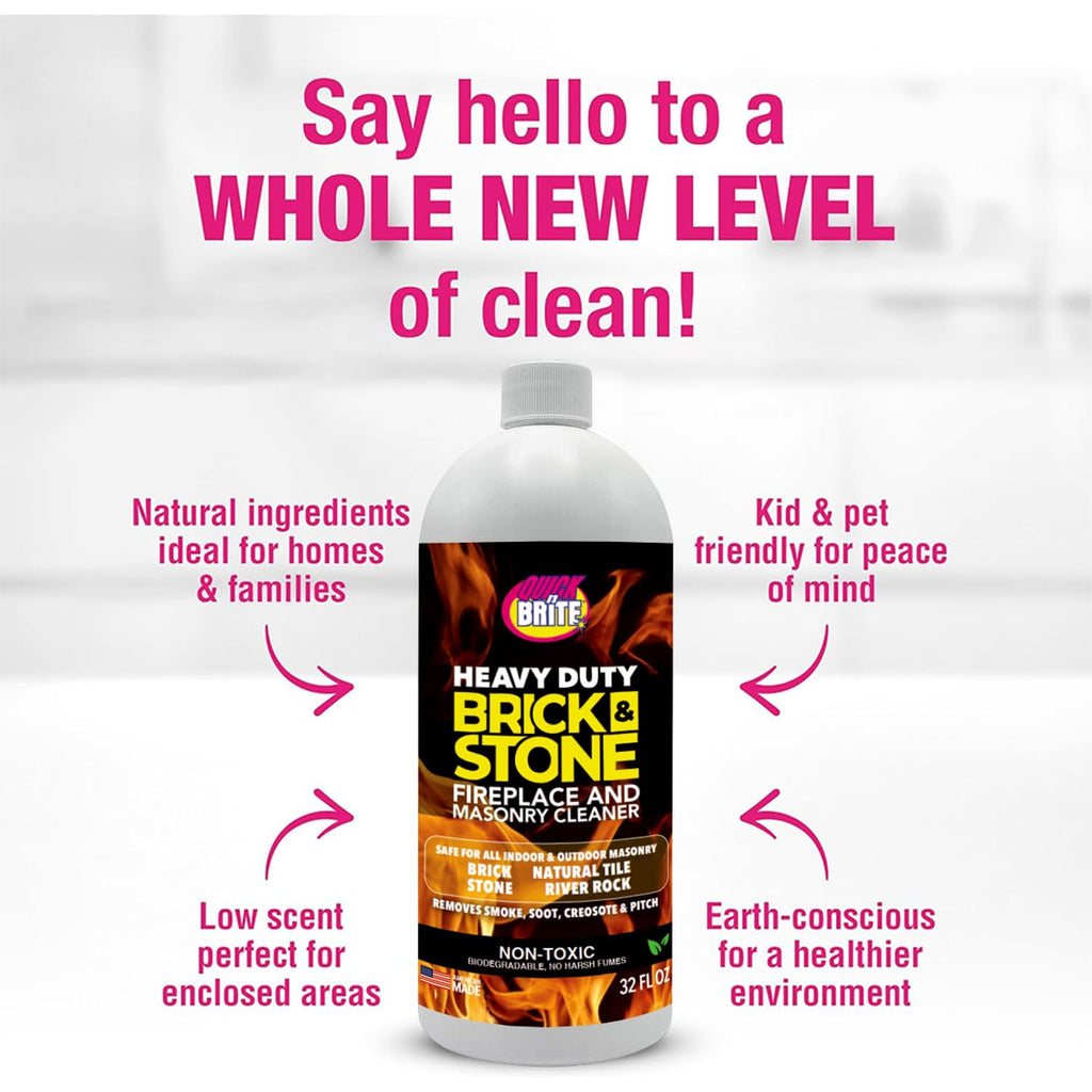 Quick'n Brite Fireplace Brick and Stone Cleaner 32oz with Scrub Brush - Natural Stone, Tile, and Marble Cleaner - Indoor Fireplace and Wood Stove Cleaning Kit - Pellet Stove Creosote Remover