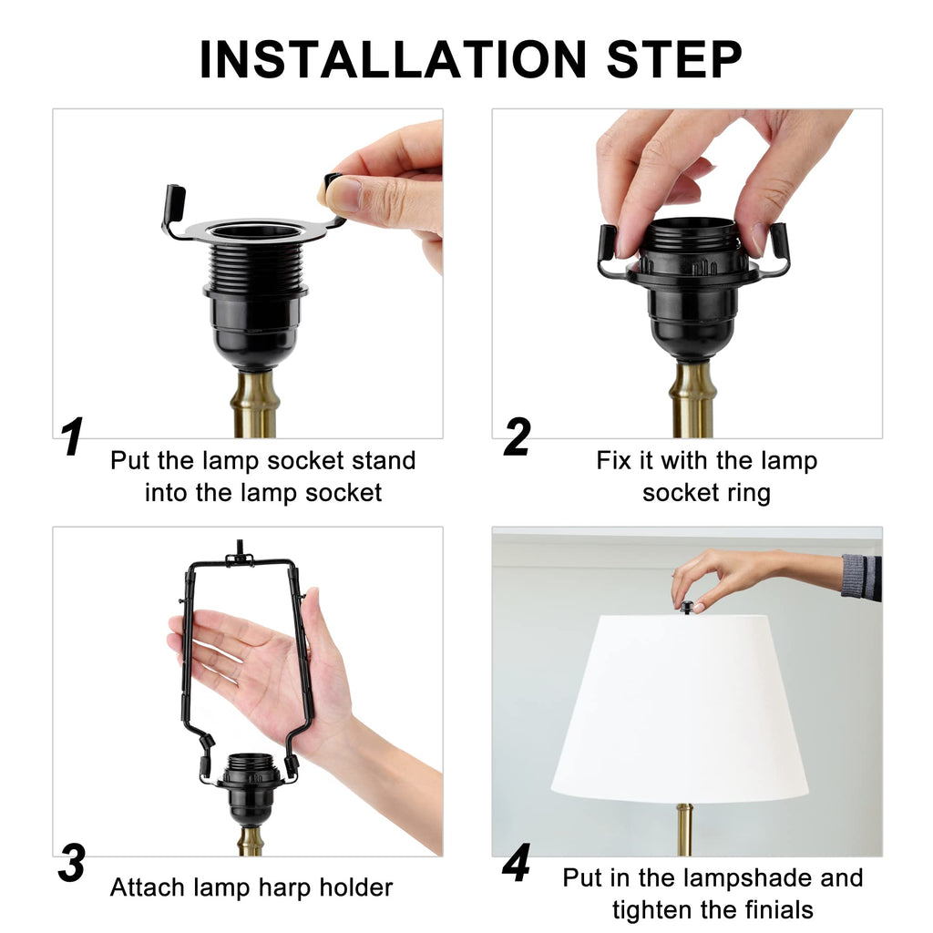 Mornajina 2Packs 7 8 9 10 inch Lamp Shade Harp Holder, Adjustable Lamp Harps and Finals, Fit both Standard Lamp Rod and E26 E27 Light Base UNO Fitter Adapter Converter Finial Set (Black)