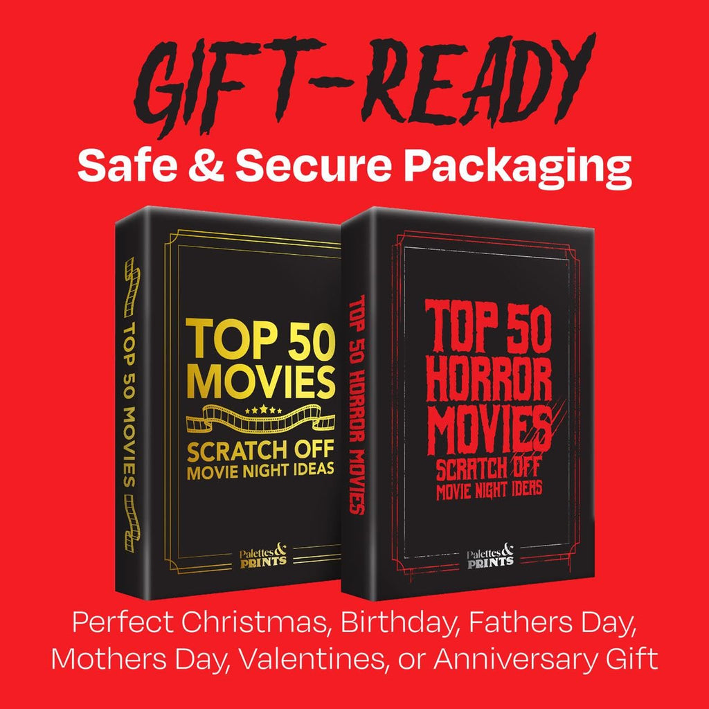Top 50 Horror Movies Scratch Off Cards. Gifts for Movie Night Halloween