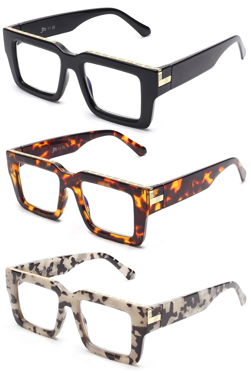 JM 3 Pack Oprah Style Reading Glasses for Women Men with Spring Hinge, Fashion Oversized Square Blue Light Blocking Readers +2.5