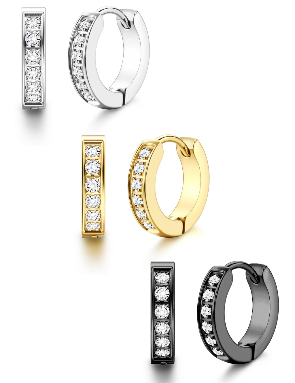 316L Stainless Steel Hoop Earrings for Men Women Hypoallergenic Cubic Zirconia Silver/Black/Gold Hoop Huggie Cartilage Earrings for Women Men Hoops 13mm Outer diameter
