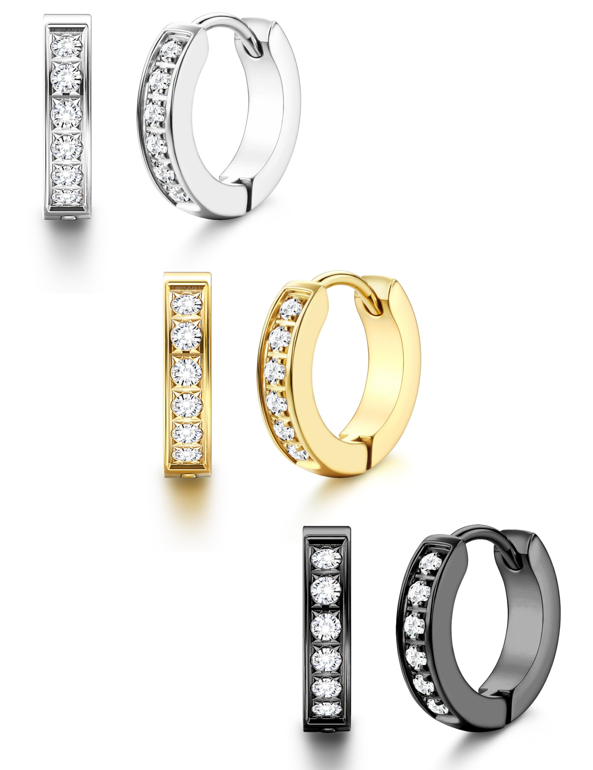 316L Stainless Steel Hoop Earrings for Men Women Hypoallergenic Cubic Zirconia Silver/Black/Gold Hoop Huggie Cartilage Earrings for Women Men Hoops 13mm Outer diameter