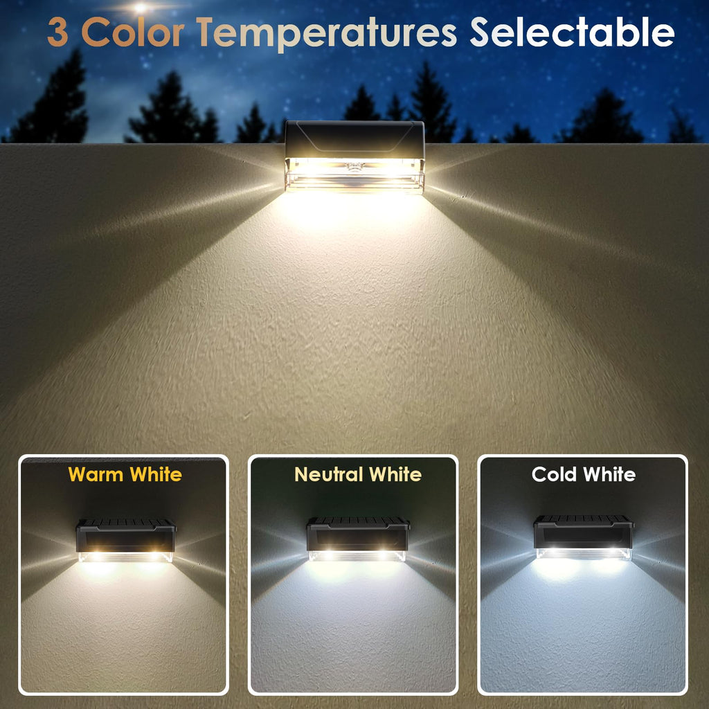 LIANGLOME 2PK Solar Fence Lights Outdoor - 3000/4000/6000K 3 Mode, IP65 Waterproof Fence Lights Solar Powered, Dusk to Dawn Solar Light for Outside, Backyard/Step/Patio/Deck/Stair Railings and Wall