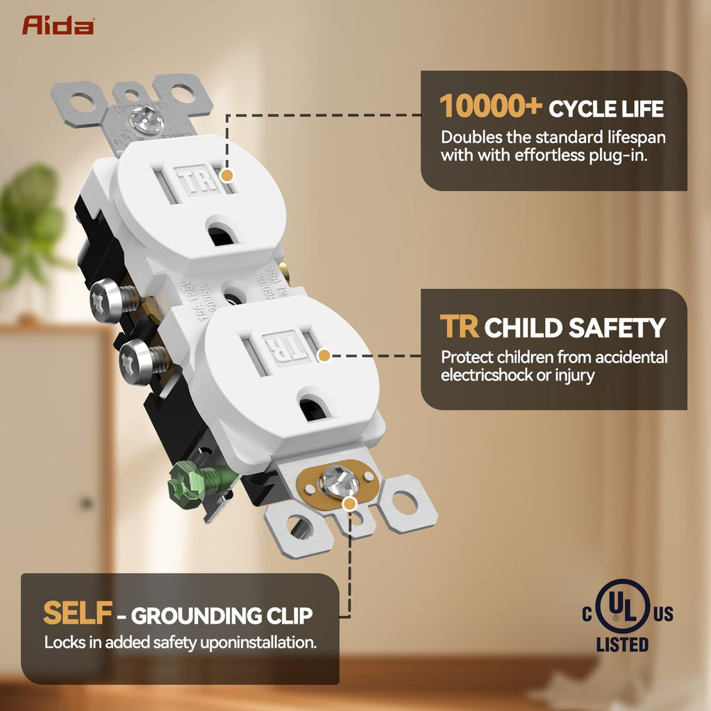 AIDA 10 Pack Matte White 15 Amp Outlet Duplex Electrical Receptacle Outlets,Power Outlet,Tamper Resistant,Heavy-Duty Receptacle, 2 Pole,3-Wire, Self-Grounding Clip, NEMA 5-15R,UL Listed