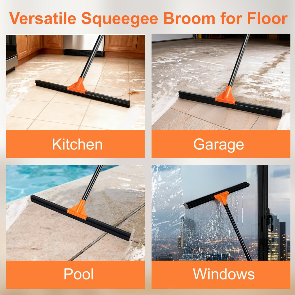 Heavy Duty Floor Squeegee for Concrete Tile Cleaning, 24" Rubber Wiper Squeegee Broom with Long Handle, Commercial Scrubber Mop for Garage Deck Bathroom Kitchen Pool Glass