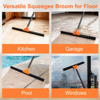 Heavy Duty Floor Squeegee for Concrete Tile Cleaning, 24" Rubber Wiper Squeegee Broom with Long Handle, Commercial Scrubber Mop for Garage Deck Bathroom Kitchen Pool Glass