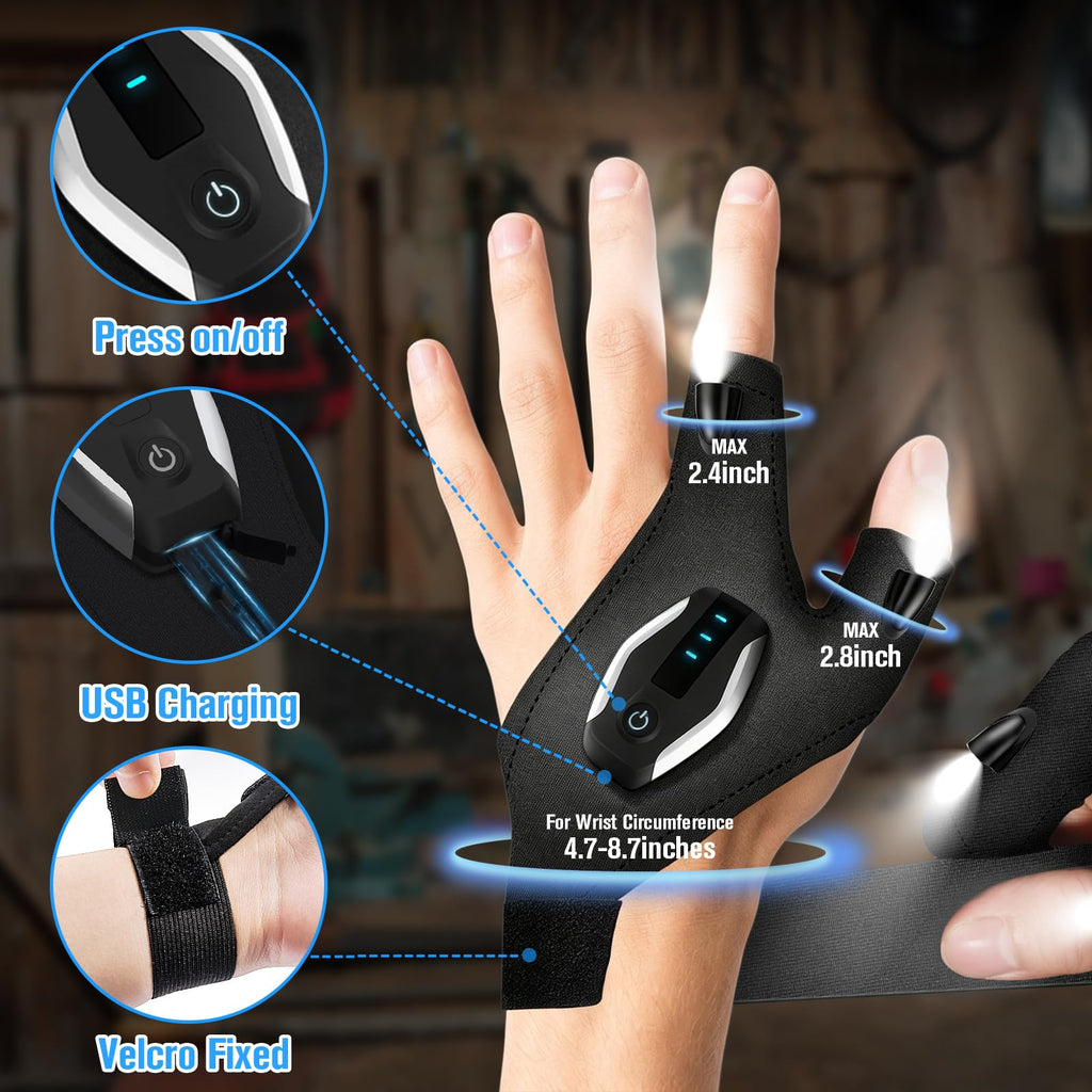 Hinshark Gifts for Men LED Flashlight Gloves, Anniversary Birthday Gifts for Men Dad Him Husband Boyfriend, Dad Gifts for Fishing Auto Repair, Camping Essentials Cool Gadgets Tools for Men