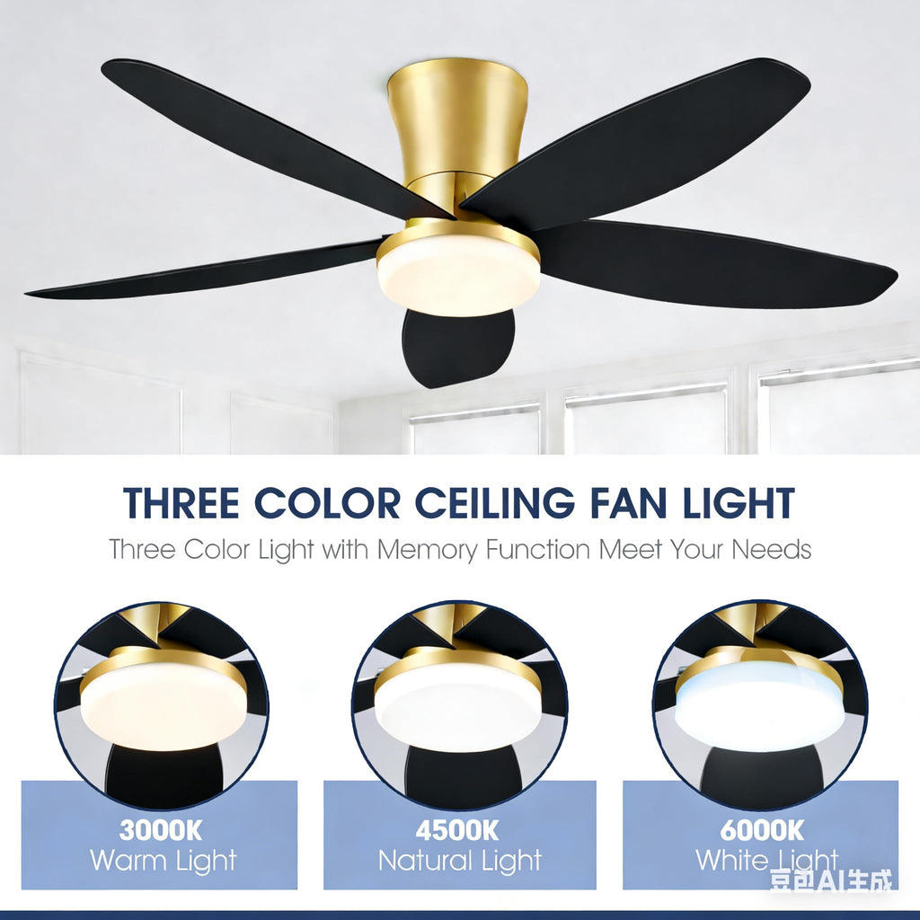 Surtime 42" Ceiling Fans with Lights-Low Profile Ceiling Fan with Light and Remote/APP Control,Flush Mount Gold Ceiling Fan with Reversible Black Blades