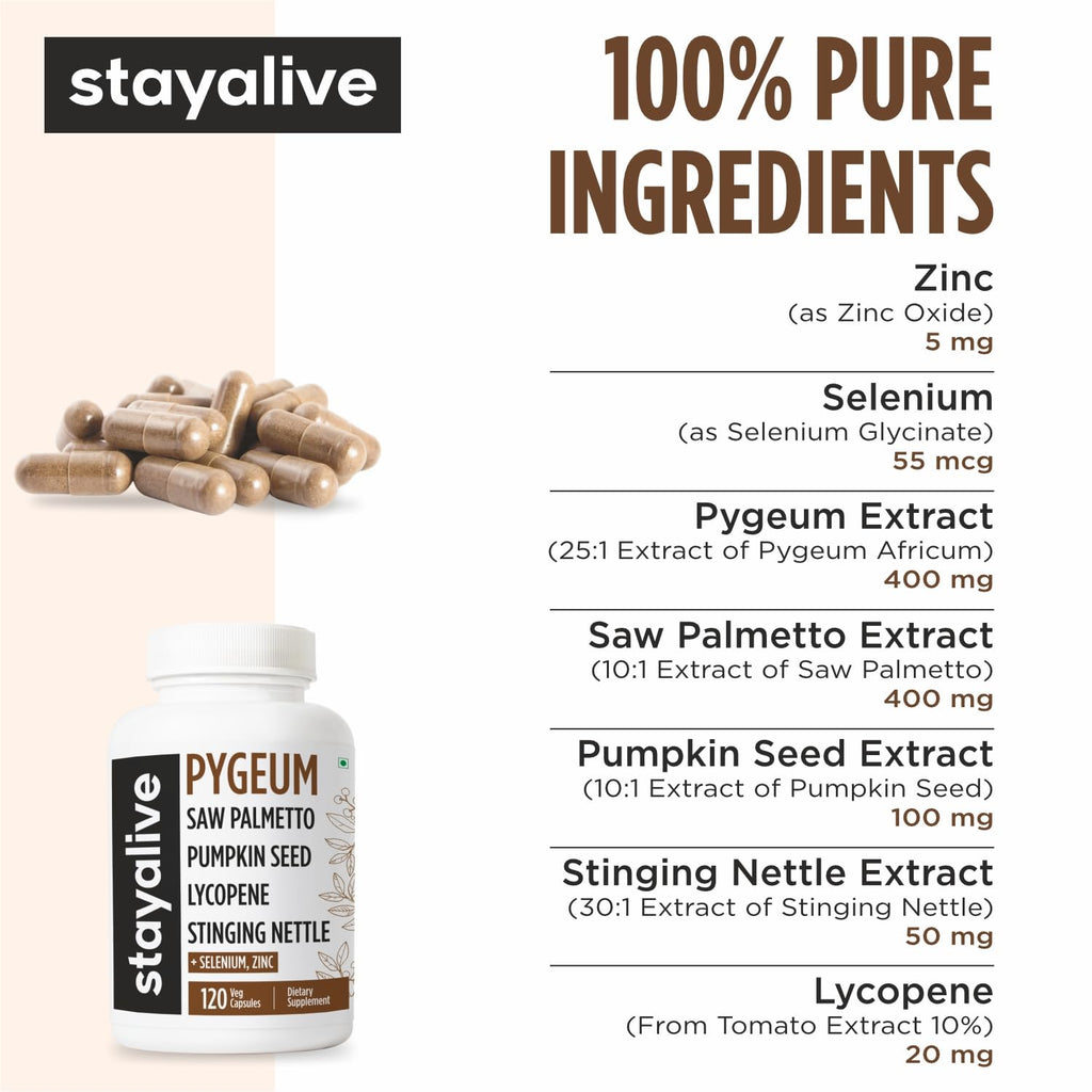 STAY ALIVE Pygeum Africanum Supplement, 7-in-1 Extract w/Saw Palmetto, Pumpkin Seed, Stinging Nettle and Lycopene, 120 Vegan Capsules, Non-GMO and Gluten-Free Pygeum Supplement for Men and Women