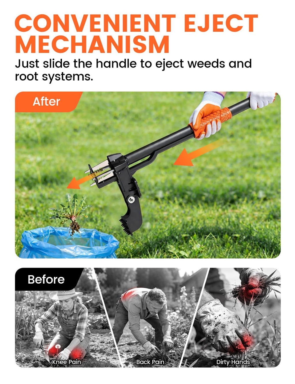 Weed Puller Tool 4-Claw Stand Up Weed Remover tools with Ergonomic Long Handle/Foldable Foot Pedal/Easy Eject,Heavy Duty Garden Weeding Tools for Dandelion,Crabgrass,Thistle–No Bending Kneeling