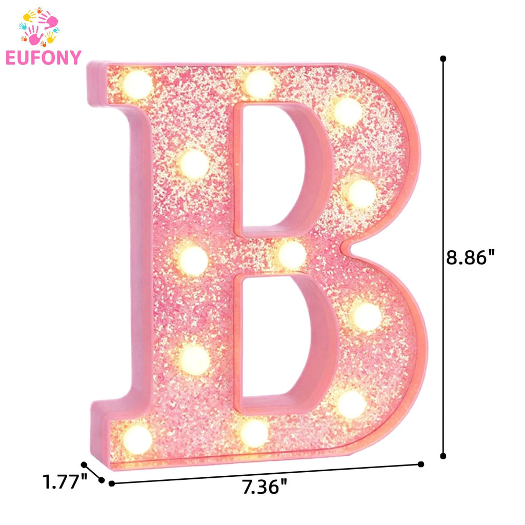 EUFONY Pink Marquee Light Up Letters, Glitter Alphabet LED Letter Lights for Pink Birthday Party Decorations, Battery Operated Letter Sign for Girls Room Vanity Table Decor, Warm White Lights Letter B