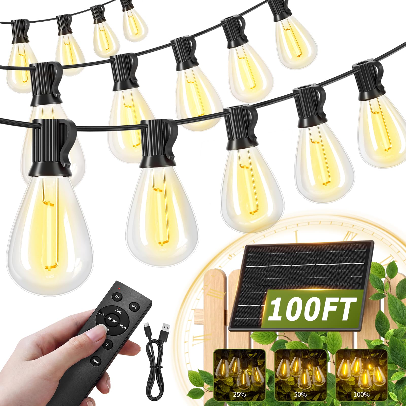 Amzrap 100FT Solar String Lights Outdoor Waterproof, 35+1 LED Shatterproof Bulbs Solar Powered with Remote & USB Port, 3 Light Modes Dimmable Patio Lights for Backyard, Garden, Camping
