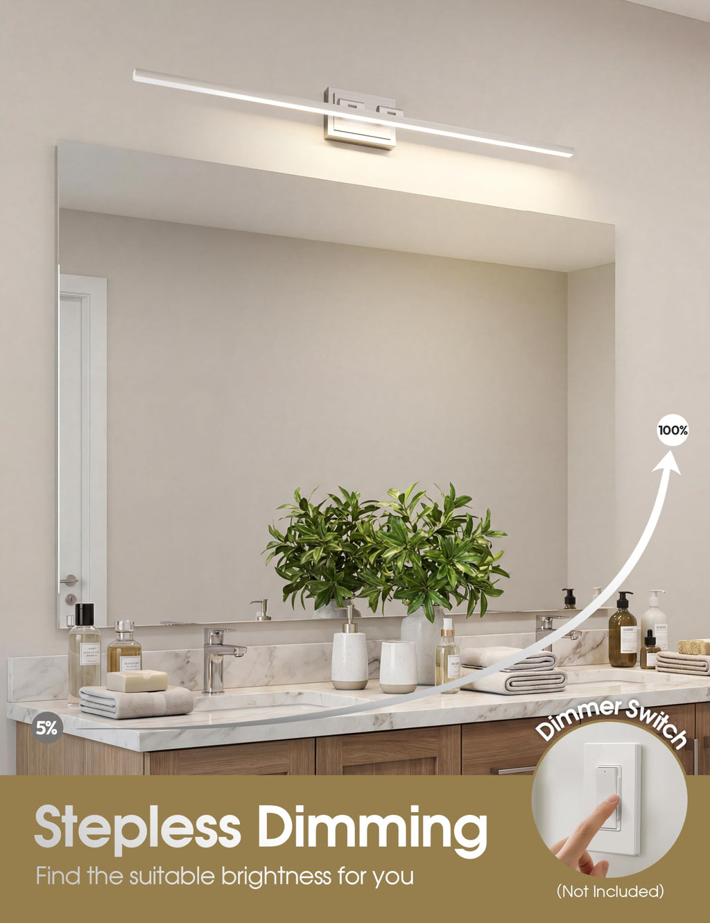 VOLISUN Modern Bathroom Vanity Light 39.4 inch, Rotatable, 24W Dimmable 5CCT Led Bathroom Light Fixture Over Mirror, Brushed Nickel Bar Vanity Light for Bathroom Mirror Cabinets-ETL Certificated